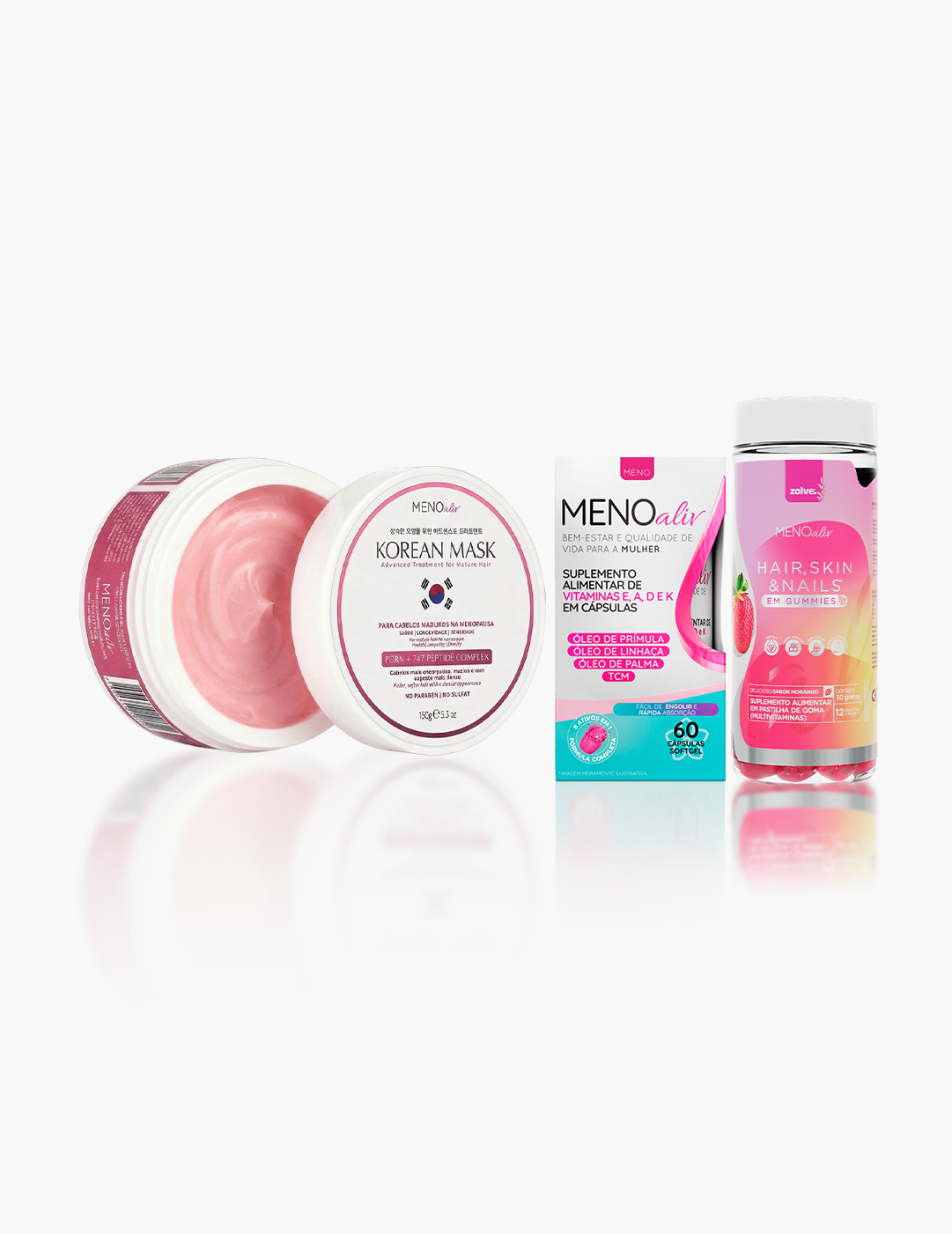 Trio Essencial: Meno Aliv, Gummy Hair e Korean Mask